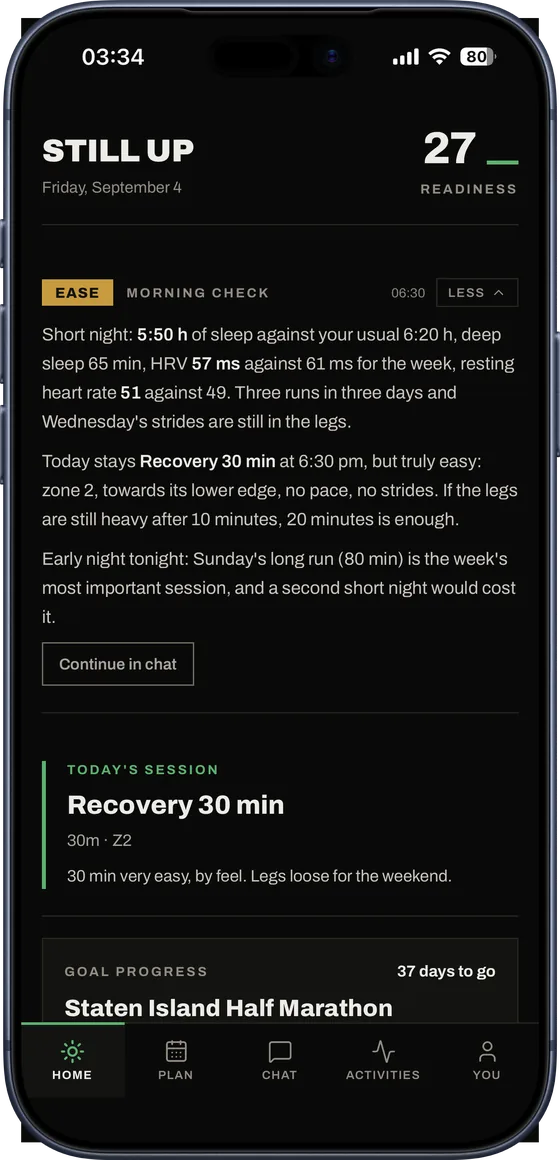 A check that reads how you slept. Sleep, HRV and resting heart rate, weighed against the week: a verdict, not a number.